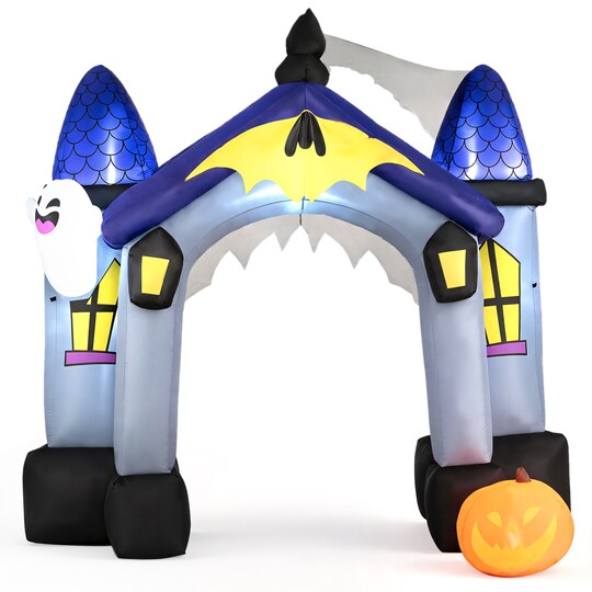 Slickblue; 9 ft Halloween Inflatable Ghost Castle Archway, Light-Up Pumpkin, Glowing Ghost and Bat Banner, Multicolor LED Outdoor Entrance Decoration with Stakes and Ropes; Category:Halloween Inflatables; Image:1